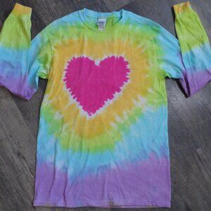Pink Heart Tie Dye Long Sleeve Tee Shirt 100% Cotton Size Med